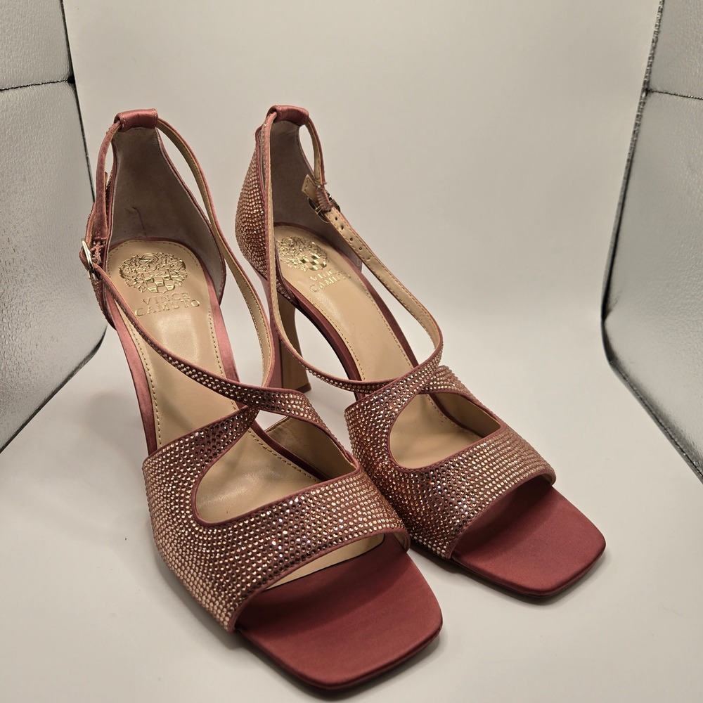 Vince Camuto Pink Rhinestone satin heels Womens 11M Flared Heel ankle strap(S10)